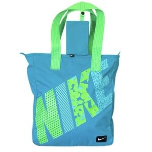 Nike Rowena Tote Bag Blue Illusion Pattern Neon Spell Out Logo Gym Beach